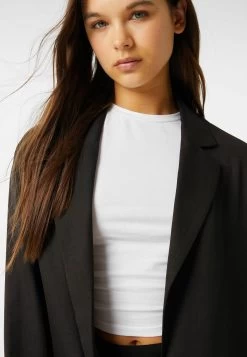 BERSHKA Flowing Blazer - Halflange Jas - Black -Bershka 72573c1259eb480a9065d2a024bac78c