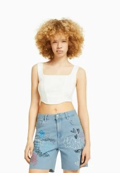 BERSHKA Printed Bermuda - Jeansshort - Light Blue