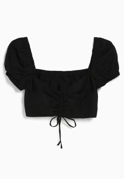 BERSHKA Short Sleeve With Gathered Detail-Crop - Blouse - Black -Bershka 74e9ec44edf24dad914bf7cd1e5d26b1