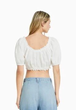 BERSHKA Short Sleeve With Swiss Embroidery And Shirred Detail - Blouse - Off White -Bershka 74f7c4ba77a74772bc41ffb77455a6d0
