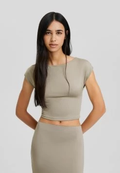 BERSHKA Short Sleeve Open Back - T-Shirt Basic - Camel