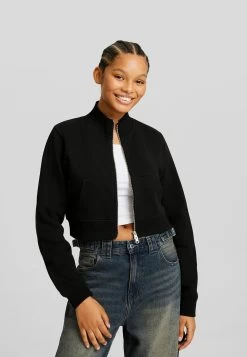 BERSHKA Printed High Neck - Sweater Met Rits - Black