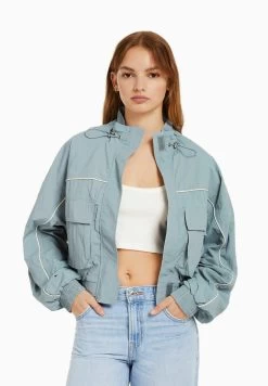 BERSHKA With 3D Pockets - Outdoorjas - Blue/Grey