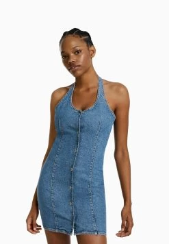 BERSHKA Fitted Collared - Midi - Spijkerjurk - Light Blue Denim