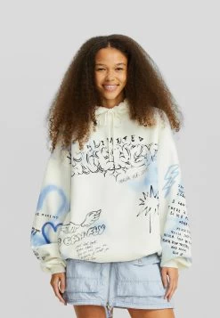 BERSHKA Printed- Hoodie - White