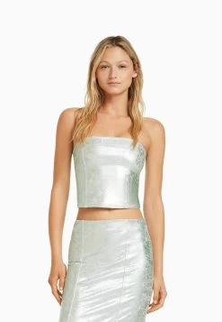 BERSHKA Coated Bandeau - Top - Silver Coloured