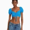 BERSHKA Short Sleeve With Gathered Detail-Crop - Blouse - Blue