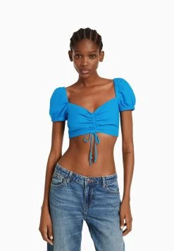 BERSHKA Short Sleeve With Gathered Detail-Crop - Blouse - Blue