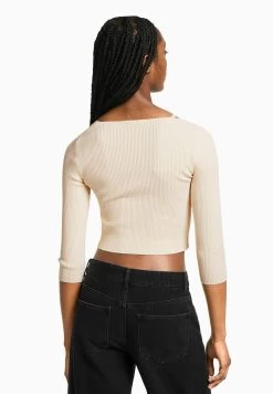 BERSHKA Neckline With Beading Detail - Trui - Beige -Bershka 79a6ee1971a246b9a36ab2c141ea9725