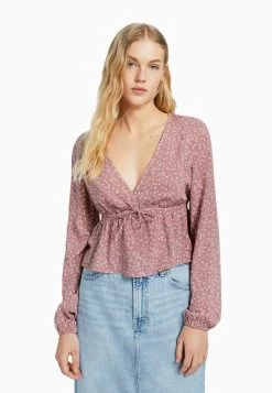 BERSHKA Floral Print With Bow - Blouse - Pink