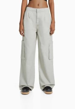 BERSHKA Pleated - Flared Jeans - Mottled Light Grey