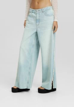 BERSHKA Wide Fit Side Vent - Flared Jeans - Blue/Grey