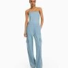 BERSHKA Cargo Bandeau- Jumpsuit - Light Blue Denim