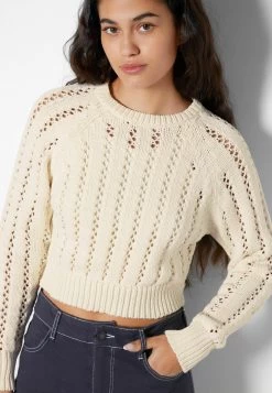 BERSHKA Cropped Round Neck Open - 01663376 - Trui - Beige -Bershka 7f606f0fc1c24358ba8ad710a776e64a