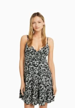 BERSHKA Strappy Ruffled - Mini - Jurk - Black