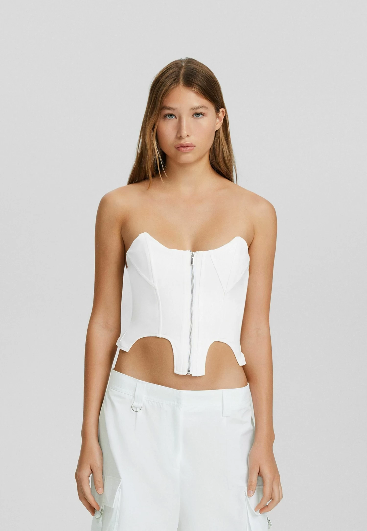 BERSHKA Tailored With Zip Bandeau - Top - White 1 BERSHKA Tailored With Zip Bandeau - Top - White