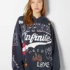 BERSHKA Printed - Hoodie - Dark Blue