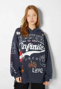 BERSHKA Printed - Hoodie - Dark Blue