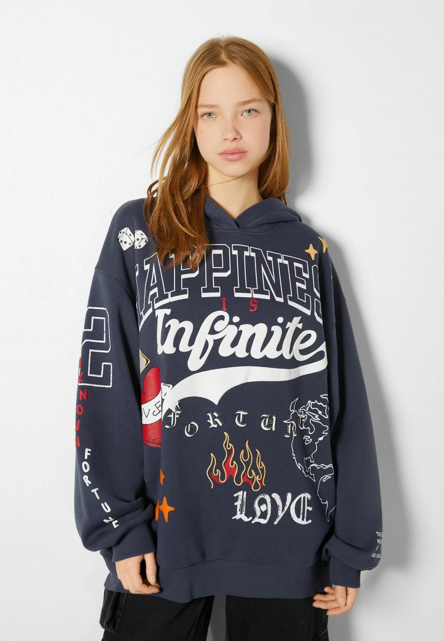 BERSHKA Printed - Hoodie - Dark Blue 1 BERSHKA Printed - Hoodie - Dark Blue