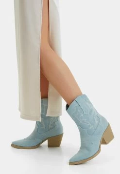 BERSHKA Heeled - Cowboy-/Bikerlaarsjes - Light Blue Denim