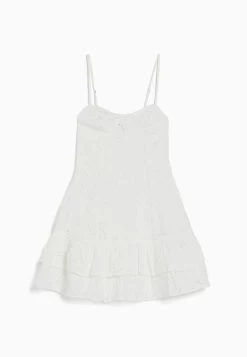 BERSHKA Ruffled With Swiss Embroidery - Jurk - White -Bershka 83b79889ce374223ba9dbffae0a87cca