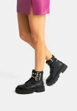 BERSHKA Faux Pearl Studded Flat- Cowboy-/Bikerlaarsjes - Black