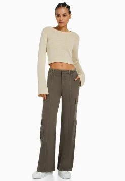 BERSHKA Round Neck Rustic - Trui - Beige