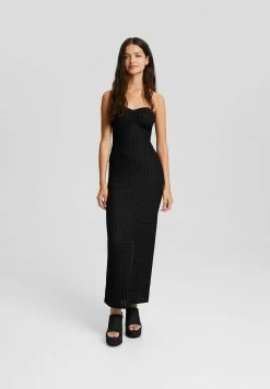 BERSHKA Long Rustic Bandeau Dress - Maxi-Jurk - Black