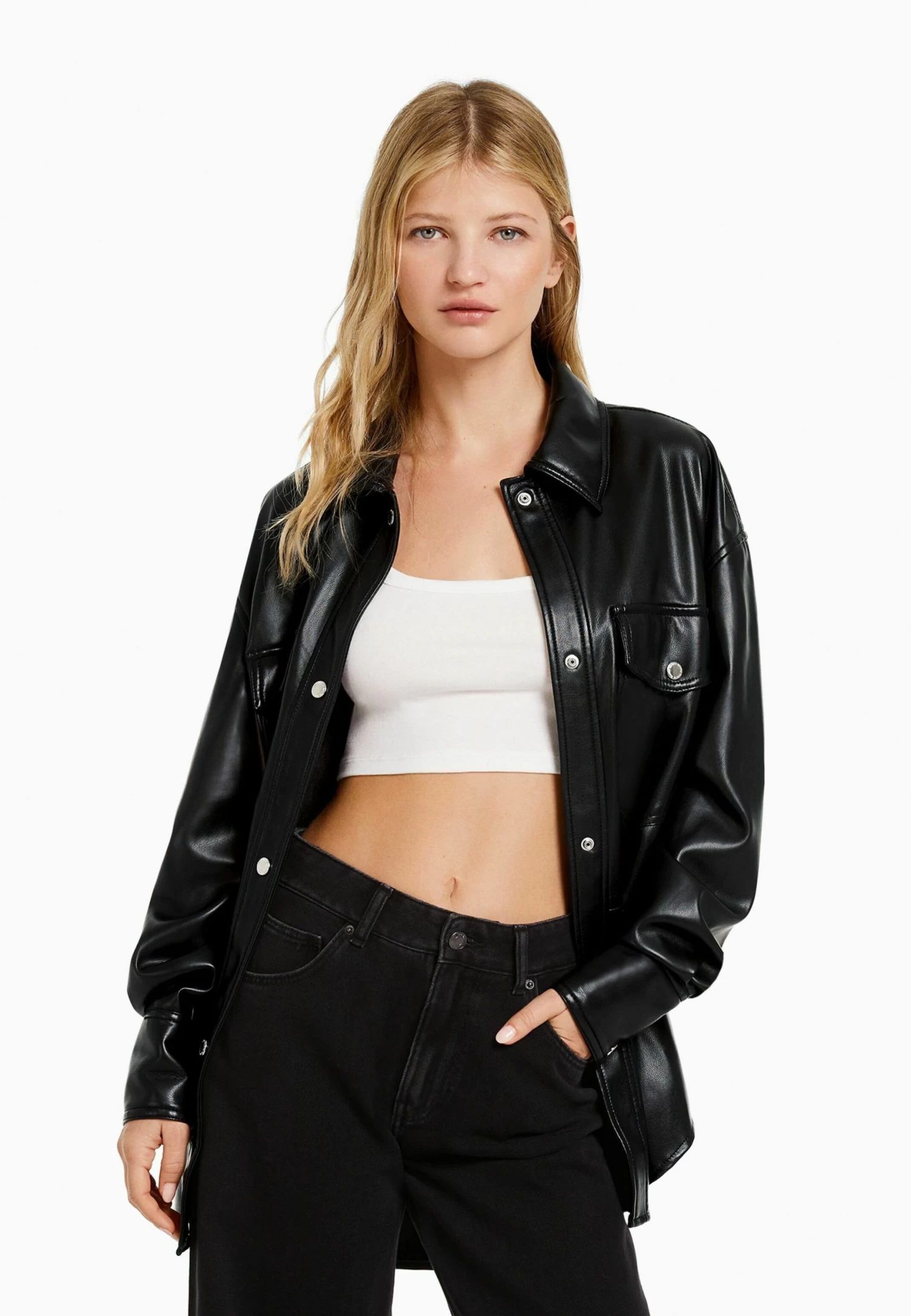 BERSHKA Imitatieleren Jas - Black 1 BERSHKA Imitatieleren Jas - Black