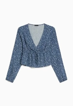 BERSHKA Floral Print With Bow - Blouse - Royal Blue -Bershka 86efe1fae38547e4a4b205d4f19a6298