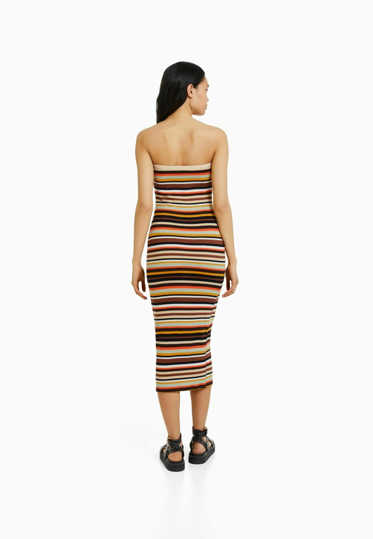 BERSHKA Striped Bandeau Midi - Gebreide Jurk - Brown 2 BERSHKA Striped Bandeau Midi - Gebreide Jurk - Brown - Afbeelding 2