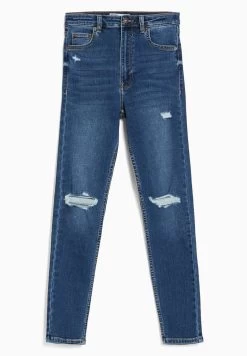 BERSHKA Ripped Super High Waist - Jeans Skinny Fit - Dark Blue -Bershka 885613180ad343838b56de1325aa06df