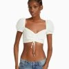 BERSHKA Short Sleeve With Gathered Detail-Crop - Blouse - White
