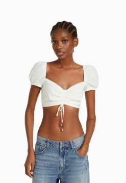 BERSHKA Short Sleeve With Gathered Detail-Crop - Blouse - White