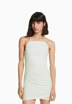 BERSHKA Fitted Blend Mini Halter - Etui-Jurk - White