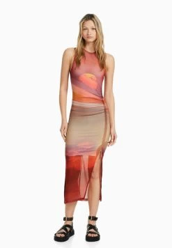 BERSHKA Sleeveless Printed - Etui-Jurk - Orange