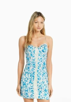 BERSHKA Ruffled With Ties- Jurk - Blue