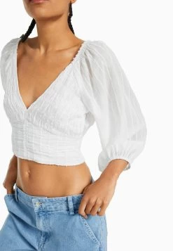 BERSHKA Voluminous Long Sleeve - V-Neck- Blouse - White -Bershka 8f36a23248ef4cd1b74a66091cde8710