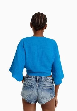 BERSHKA Rustic Short Sleeve Kimono Effect - Blouse - Blue -Bershka 90061c94441b4cce856098a7a8f37b4c