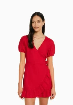 BERSHKA Short Sleeves With Ruffles - Jurk - Red