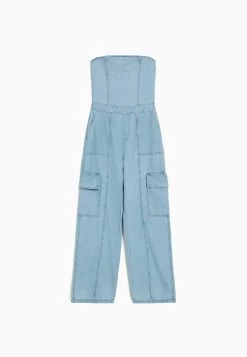 BERSHKA Cargo Bandeau- Jumpsuit - Light Blue Denim -Bershka 92a127f71831461ab2afb72548dba7a1