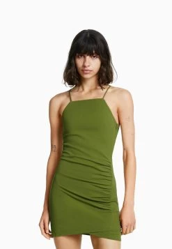 BERSHKA Fitted Blend Mini Halter - Etui-Jurk - Khaki