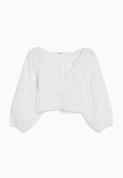 BERSHKA Voluminous Long Sleeve - V-Neck- Blouse - White -Bershka 931f6c8d21a64b3ead6ecd43033a2679