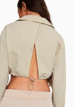 BERSHKA Long Sleeve And Gathered Detail At The Front With Stopper- Blouse - Stone -Bershka 9362dd2f8c1c49668597278c59f1b426