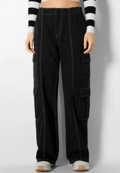 BERSHKA Multipocket Cargo Jeans - Flared Jeans - Black