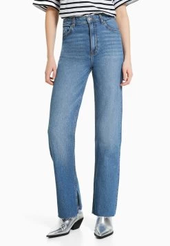 BERSHKA Side Vent - Comfort- Straight Leg Jeans - Dark Blue