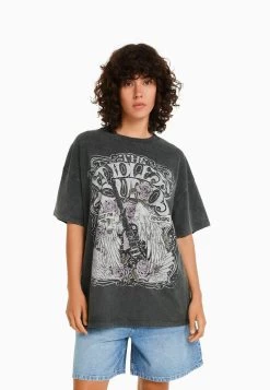 BERSHKA Short Sleeve - T-Shirt Print - Mottled Light Grey