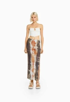 BERSHKA Tie Dye- Maxirok - Dark Brown