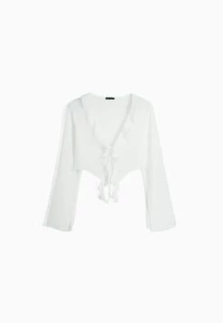 BERSHKA Ruffled Long Sleeve - Blouse - White -Bershka 97f3c568da2d49cdbb41c1c7b50fc5e5