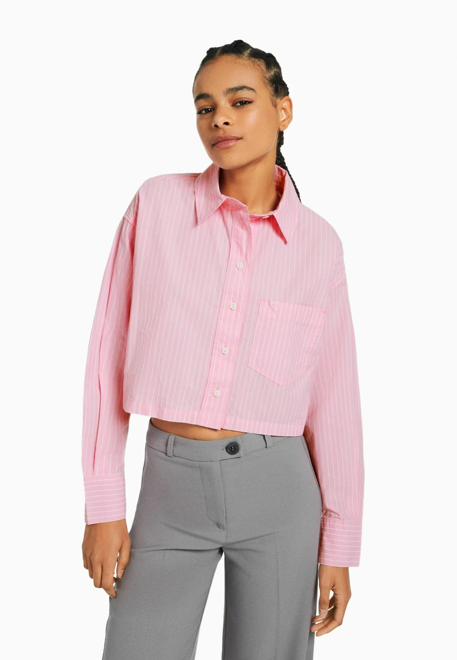 BERSHKA Cropped - Overhemdblouse - Pink 1 BERSHKA Cropped - Overhemdblouse - Pink